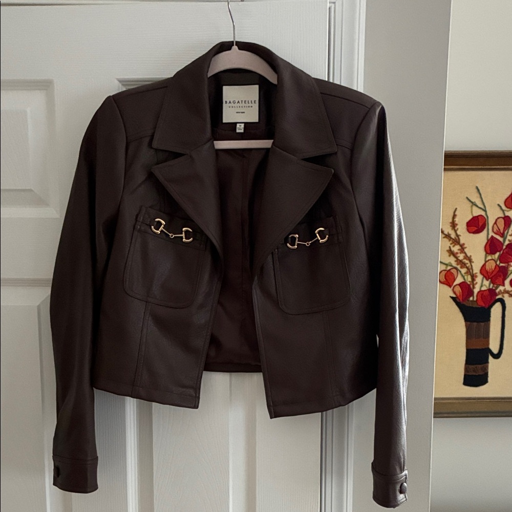 Bagatelle Women's Dark Brown Leather Jacket with Gold Accents Size M
